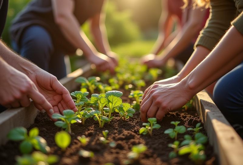Several people working together, planting seedlings in raised beds at a local community garden