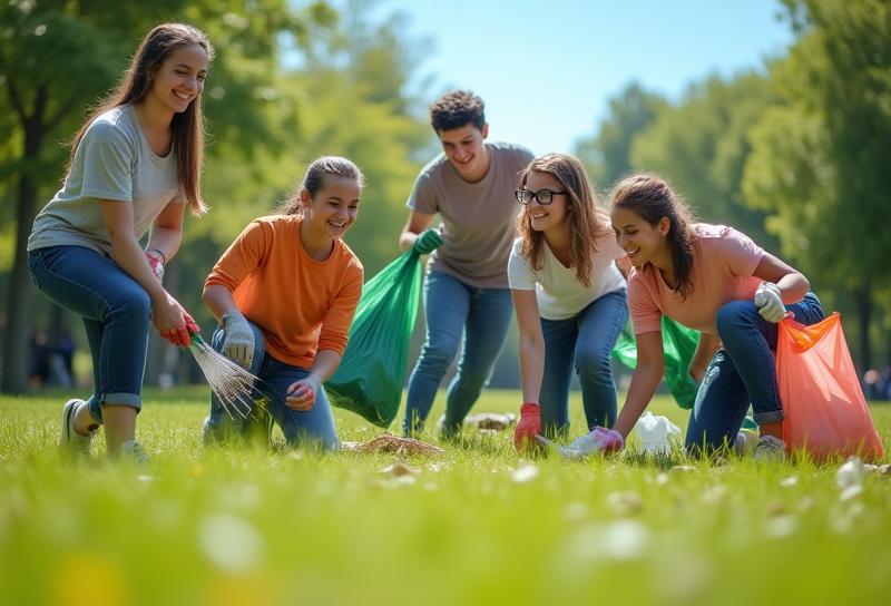 Group of diverse volunteers actively cleaning up trash in a local Anytown park