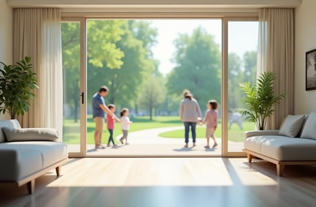 Clean living room with a window view showing neighbors connecting in a sunny park