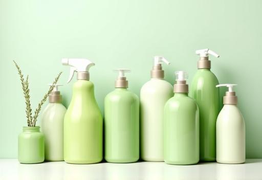 Image of various green and eco-friendly cleaning products neatly arranged on a counter